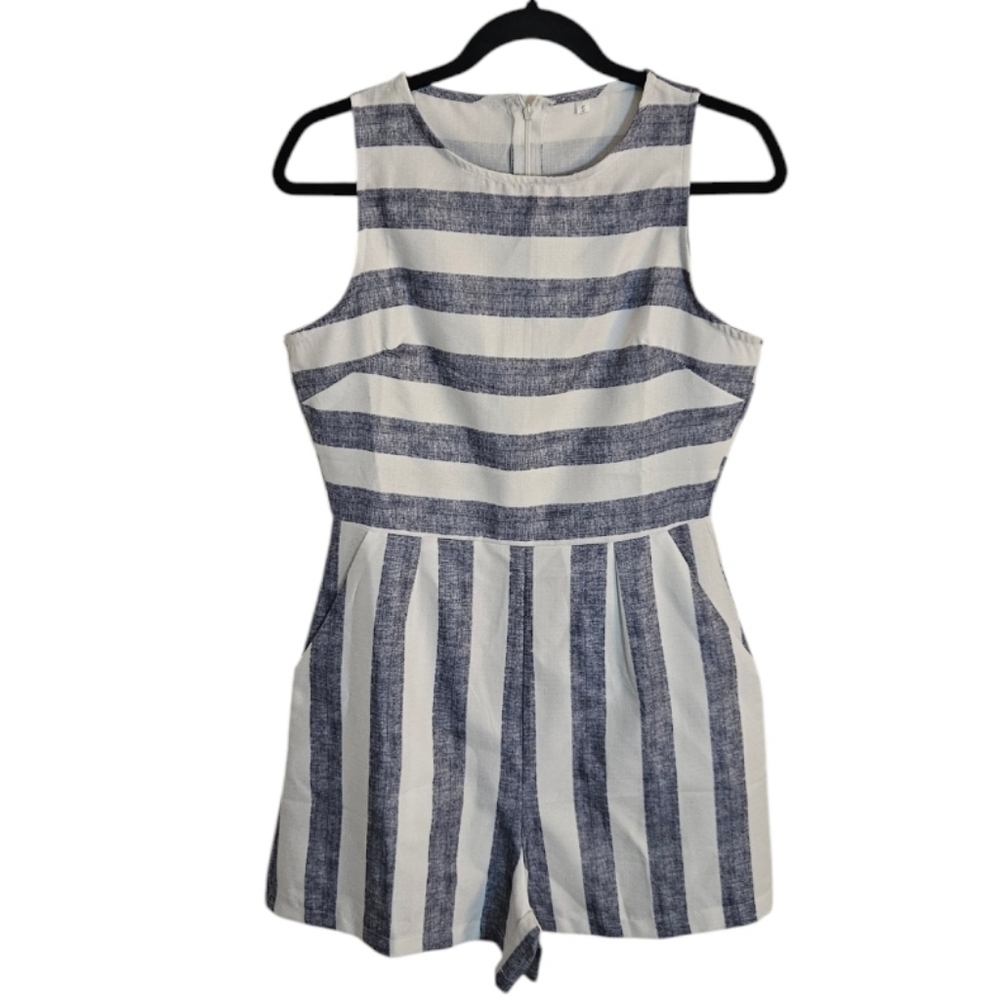 Striped Blue and White Summer Linen Blend Capetown Romper size Small EUC